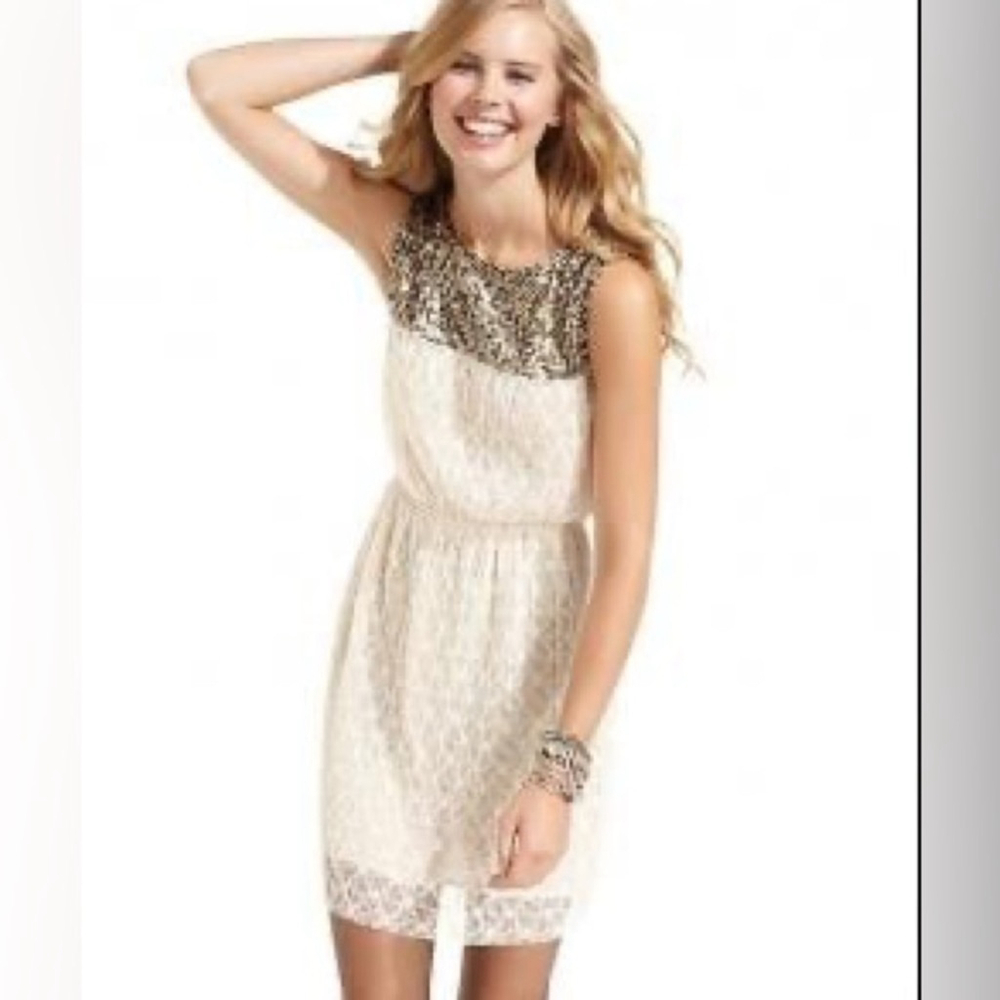 B03-NEW Mimi Chica gold sequins and lace ivory mini dress size M